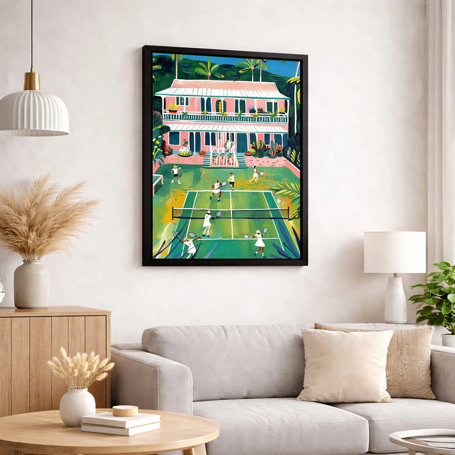 Tennis Court Canvas Wall Art | Pink Tropical Villa Painting | Premium Gallery Wrap Print | Gift for Tennis Player and Sport Decor Lovers