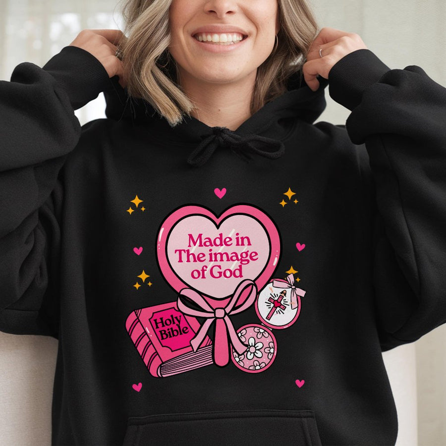 Made In The Image Of God Hoodie | Pink Retro Christian Graphic | Soft Cotton-Blend Premium Apparel | Faith-Based Religious Gift For Women