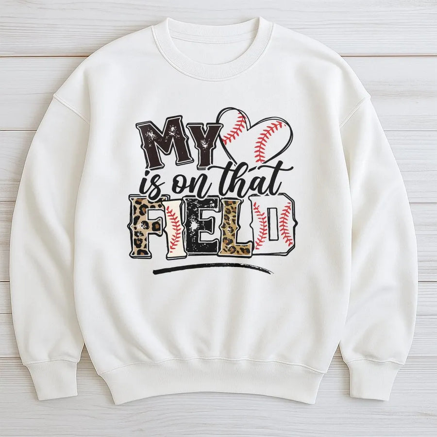 Baseball Mom Sweatshirt | My Heart Is On That Field Leopard Print Graphic | Soft Cotton-Poly Blend | Mother's Day Gift for Baseball Mama