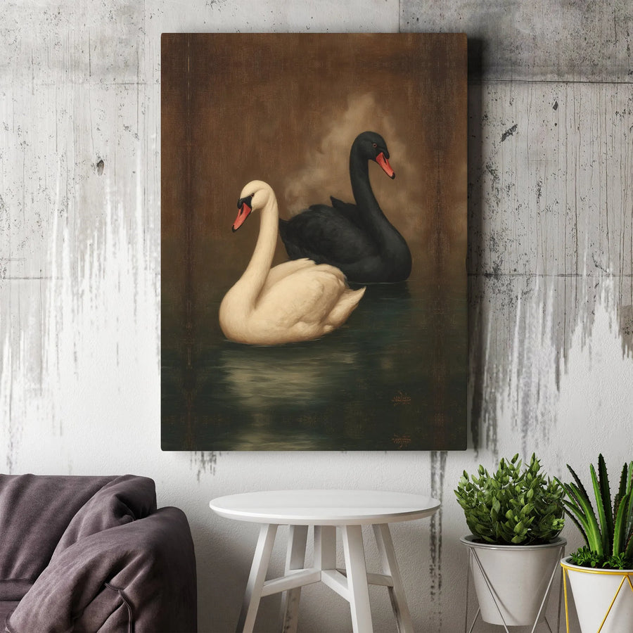Black And White Swan Canvas Art | Vintage Style Wildlife Painting | Premium Gallery Wrap Wall Decor | Elegant Nature Home Gift