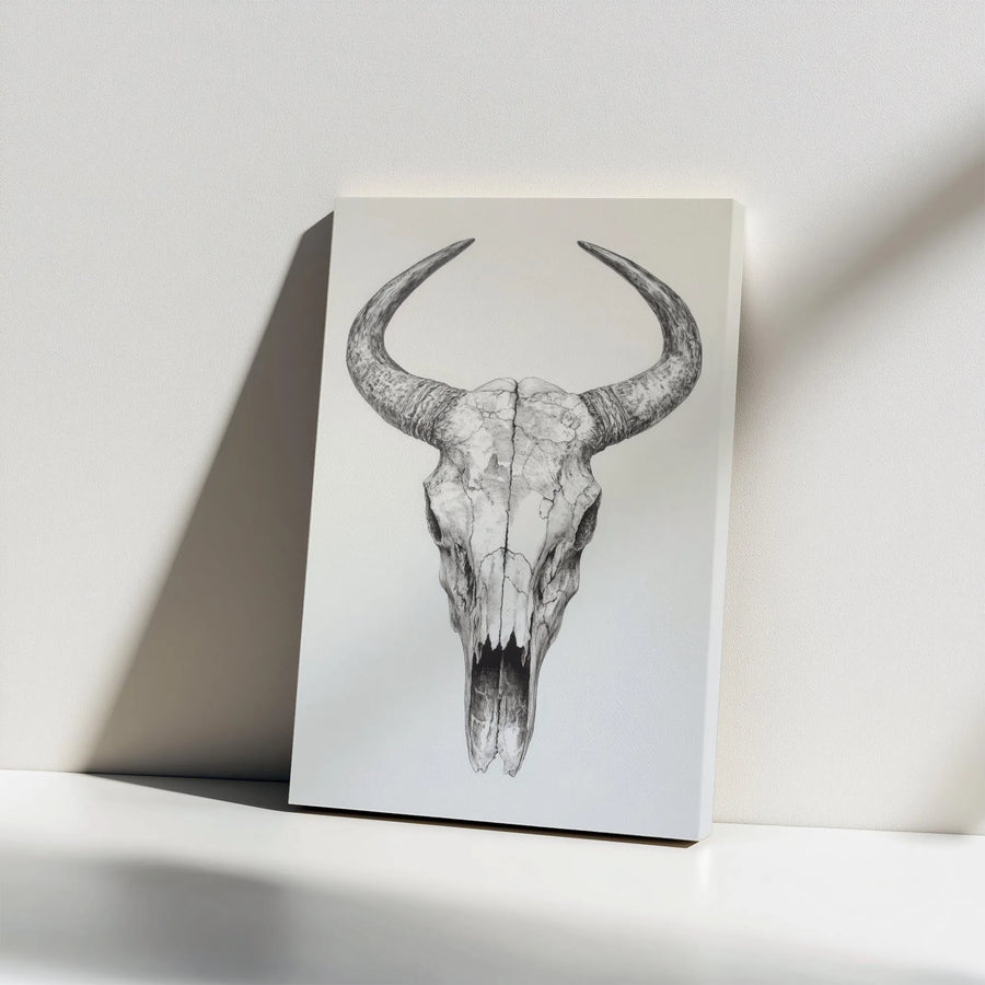 Bull Skull Wall Art Canvas | Western Pencil Sketch Illustration | 1.25 Inch Gallery Wrap | Southwestern Home Decor Gift