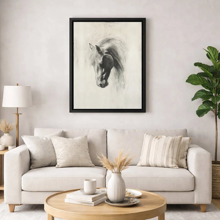 Horse Head Pencil Sketch Canvas Wall Art | Fine Art Equestrian Portrait Print | Premium Gallery Wrapped Canvas | Farmhouse Home Decor Gift