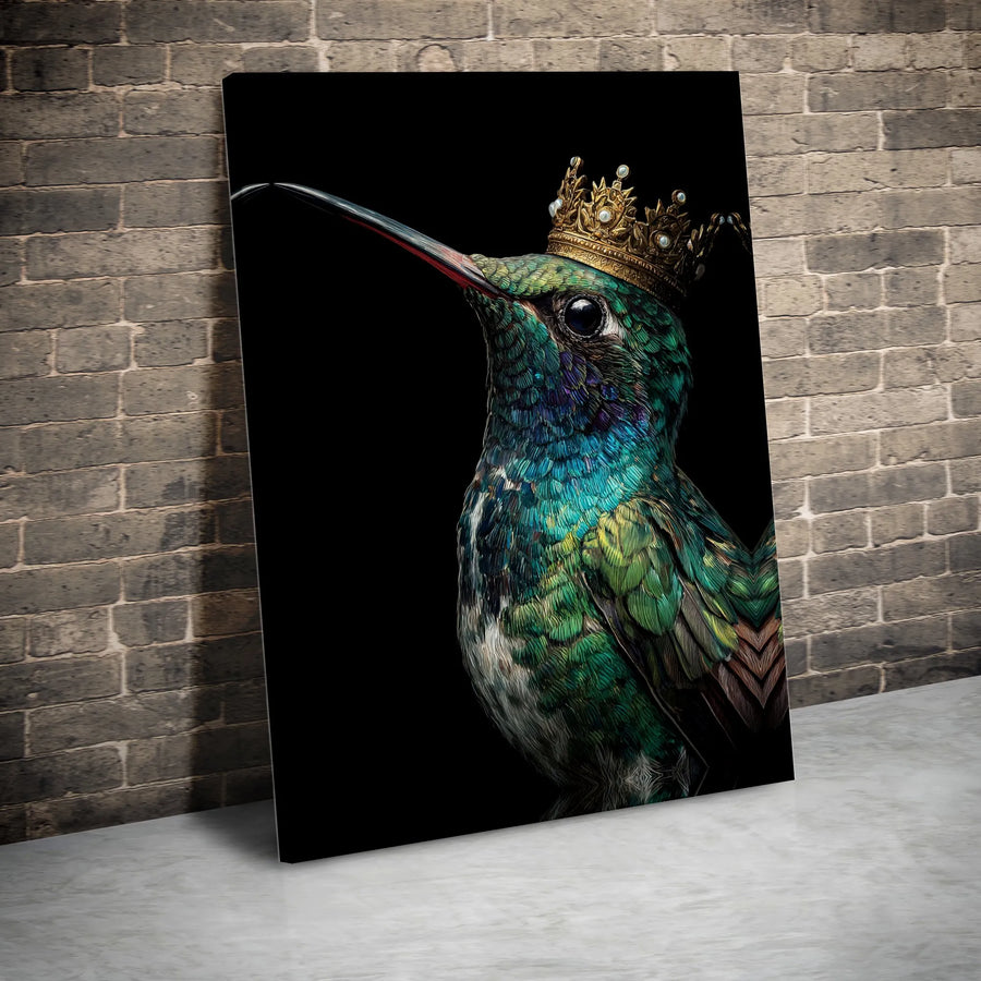 Royal Hummingbird King Vertical Canvas Wall Art | Golden Crown Teal Bird Portrait | Premium 1.25" Frameless Gallery Wrap | Unique Gift for Bird Lovers