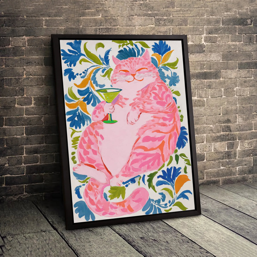 Pink Cat Wall Art | Whimsical Martini Drinking Cat Floral Canvas | Premium Gallery-Wrapped Print | Fun Gift For Cat Lovers And Home Decor