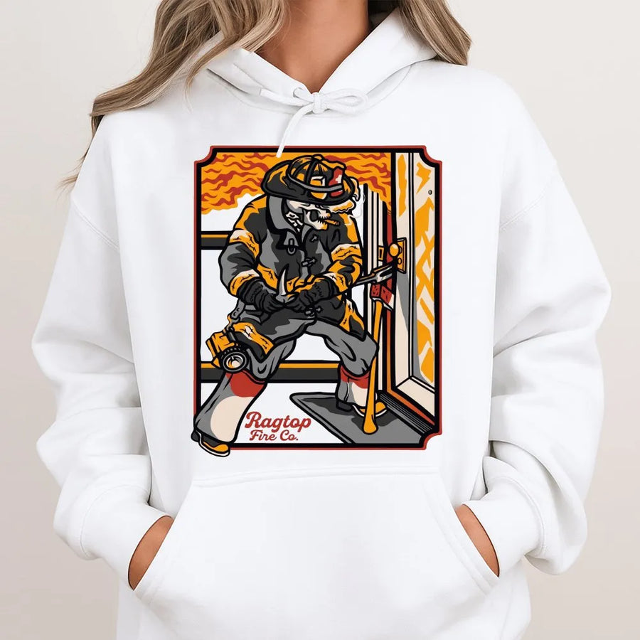 Skeleton Firefighter Forcible Entry Hoodie | Badass Skull Graphic Design | Premium Cotton-Blend | Gift for Fireman and First Responders