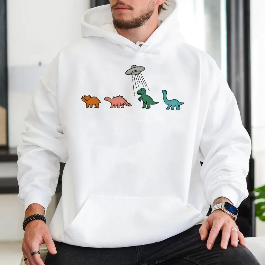 Dinosaur UFO Hoodie | Funny Alien Abduction Graphic Sweatshirt | Soft Cotton Blend Pullover | Gift for Sci-Fi & Dino Lover