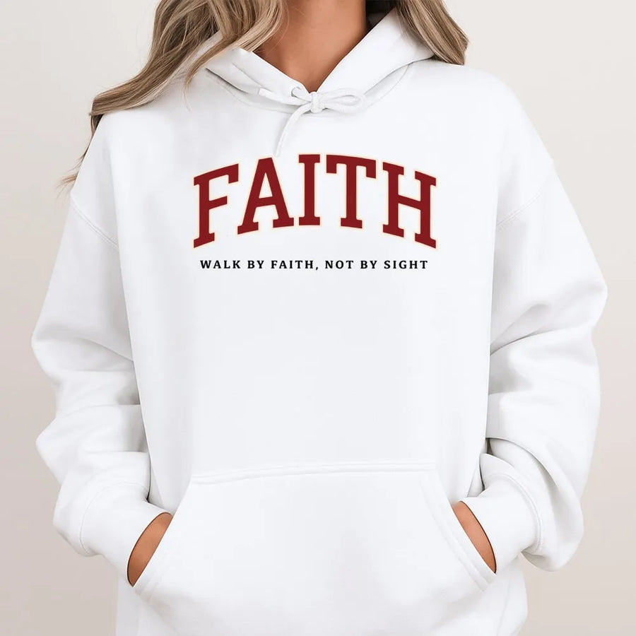Faith Hoodie | Walk By Faith Not By Sight Varsity Text | Premium Cotton Blend | Christian Gift for Men and Women