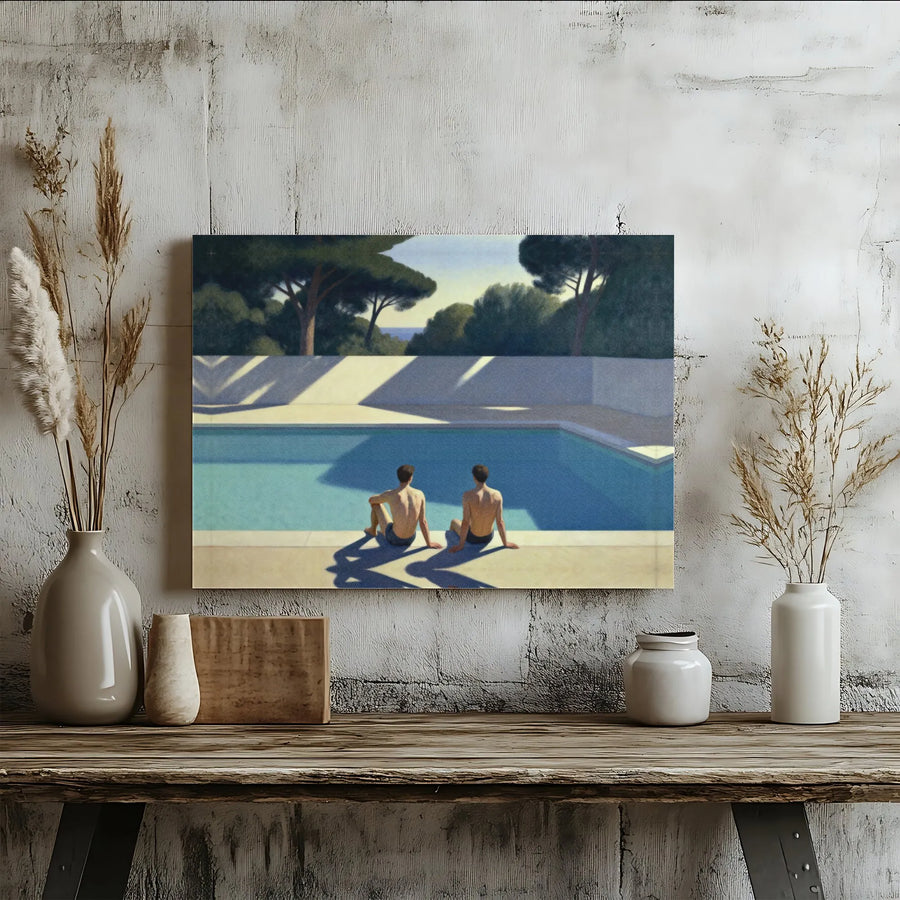 Two Men By Pool Canvas Art | Mid-Century Modern Swimming Scene | Premium 1.25” Gallery Wrap | Minimalist Home Decor Gift