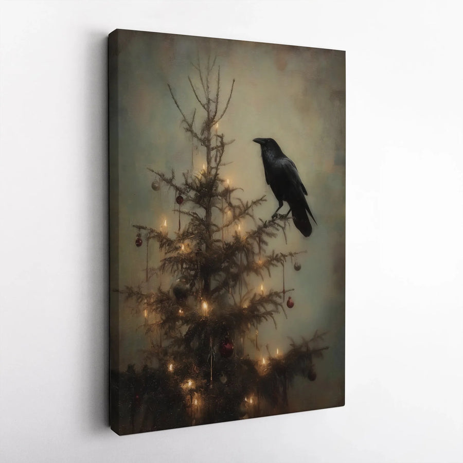 Gothic Raven Christmas Canvas Wall Art | Moody Dark Holiday Decor | Premium Stretched Gallery Wrap | Unique Alternative Winter Gift