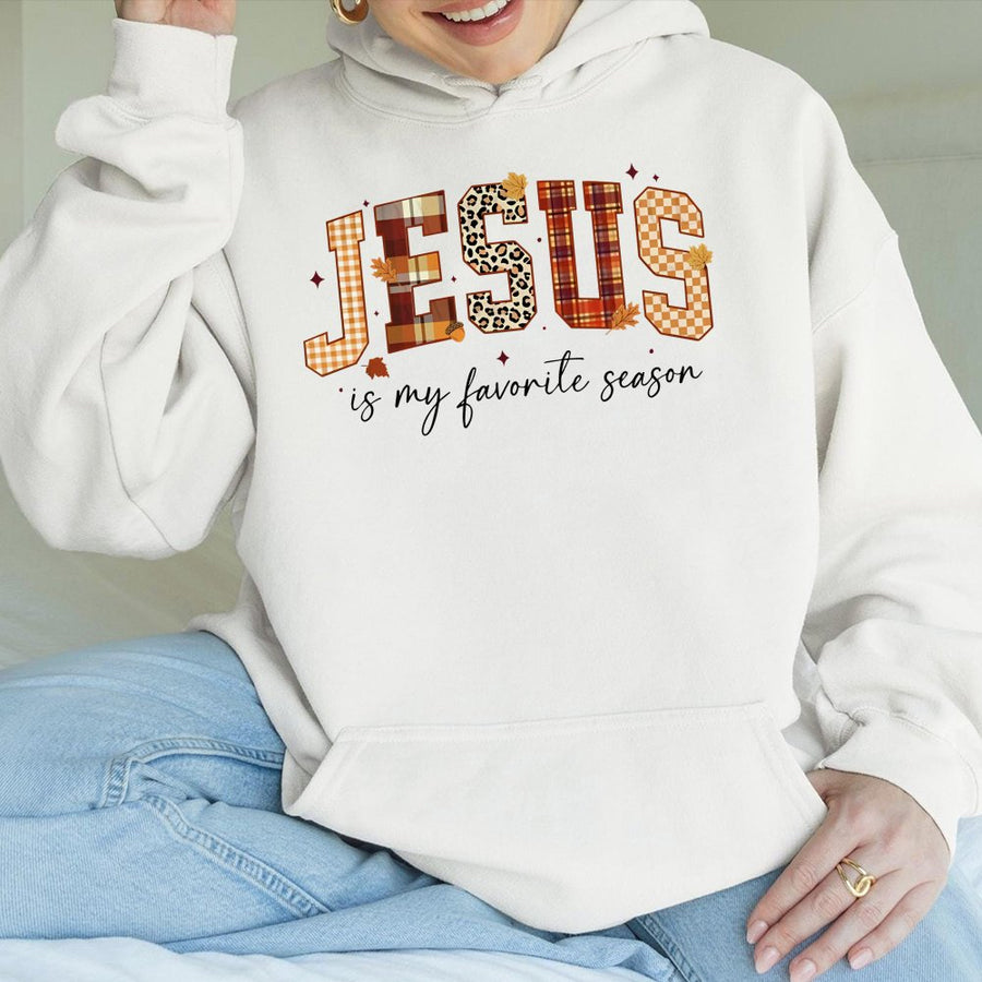 Jesus Is My Favorite Season Hoodie | Fall Plaid Leopard Print Graphic | Premium Soft Cotton-Polyester Blend | Christian Faith Gift for Women and Men