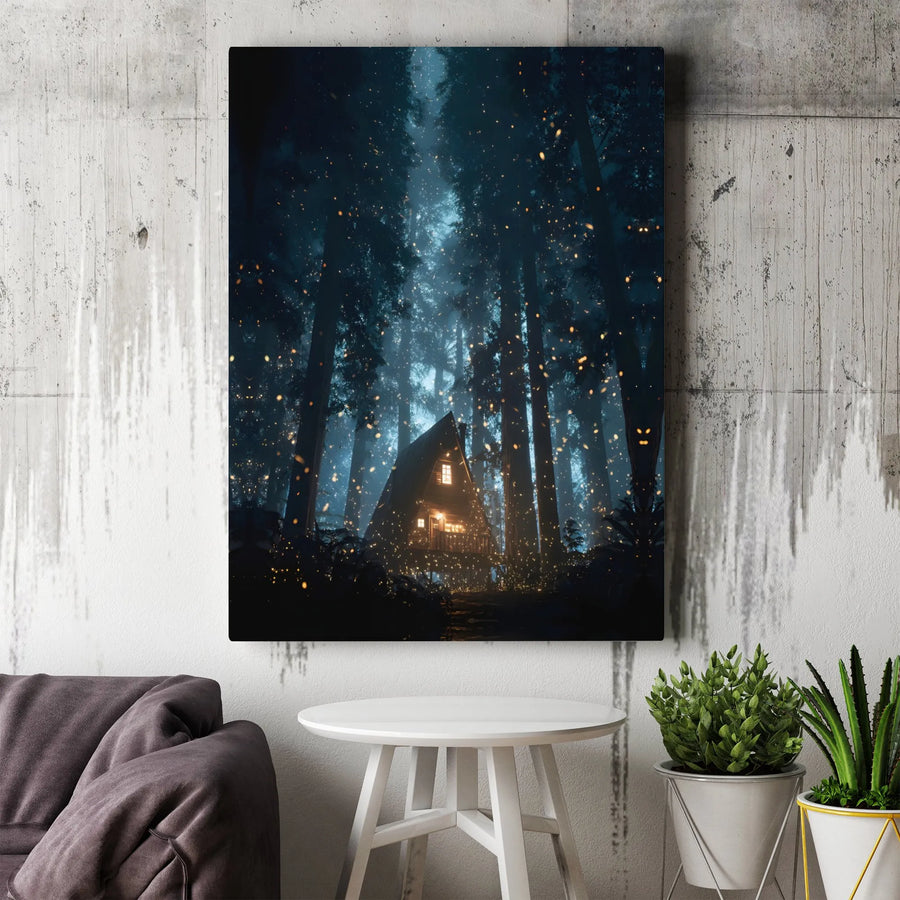 Enchanted Forest Cabin Canvas Print | Magical A-Frame Home Wall Art | Premium Gallery Wrapped Decor | Cozy Nature Landscape Gift for Cabin Lovers