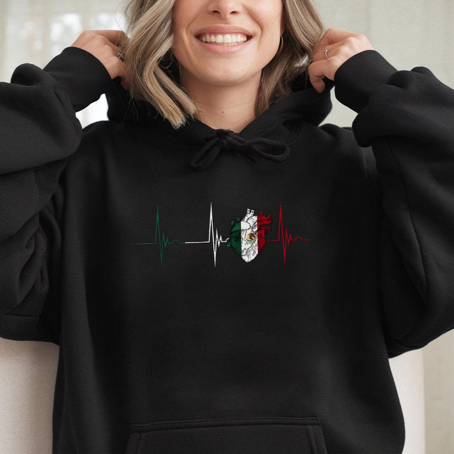 Mexico Flag Heartbeat Hoodie | Mexican Pride EKG Design | Premium Cotton Blend | Cultural Heritage Gift for Men and Women