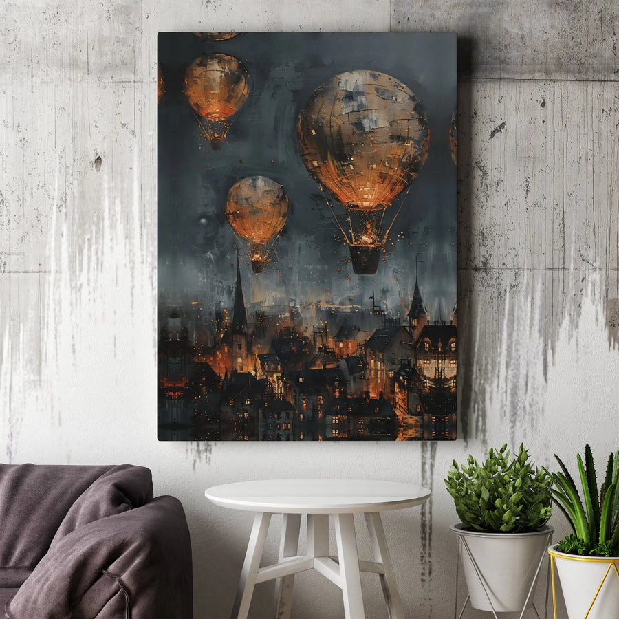 Steampunk Hot Air Balloon Canvas Wall Art | Glowing Victorian Cityscape Print | Premium 1.25" Gallery Wrap | Industrial Home Decor Gift