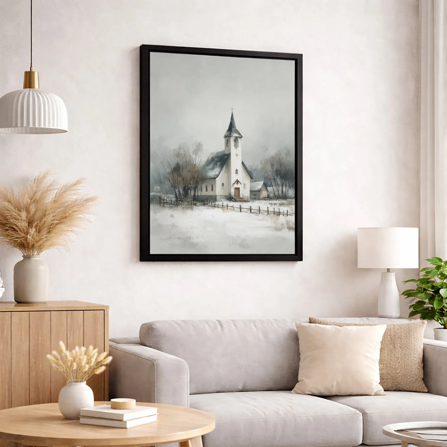 Winter Church Canvas Wall Art | Snowy Country Landscape Painting | Premium Gallery Wrap Print | Seasonal Holiday Home Decor Gift