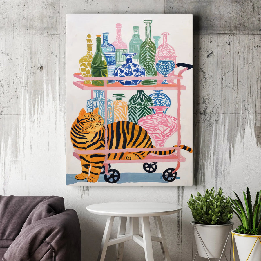 Tiger Cat Art Print | Whimsical Bar Cart Wall Decor | Premium 1.25" Gallery Canvas | Unique Living Room Gift For Cat Lovers