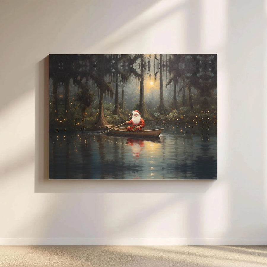 Santa Claus Swamp Boat Canvas Print | Mystical Bayou Christmas Decor | Gallery-Wrapped Premium Art | Unique Holiday Gift for Cabin Lovers