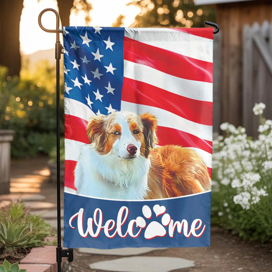 Australian Shepherd Garden Flag | American Flag Paw Print Decor | Premium Weather-Resistant Polyester | Patriotic Dog Lover Gift