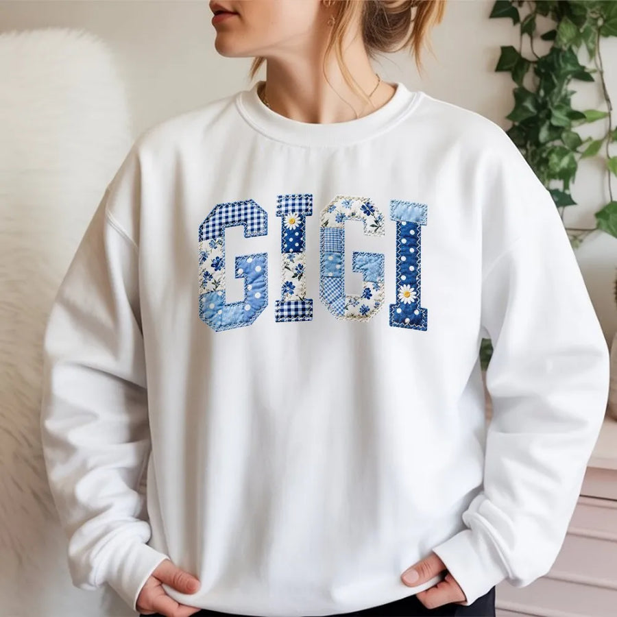 Gigi Sweatshirt | Blue Patchwork Faux Appliqué Letters | Soft Cotton Tee | Mothers Day Gift for New Grandma