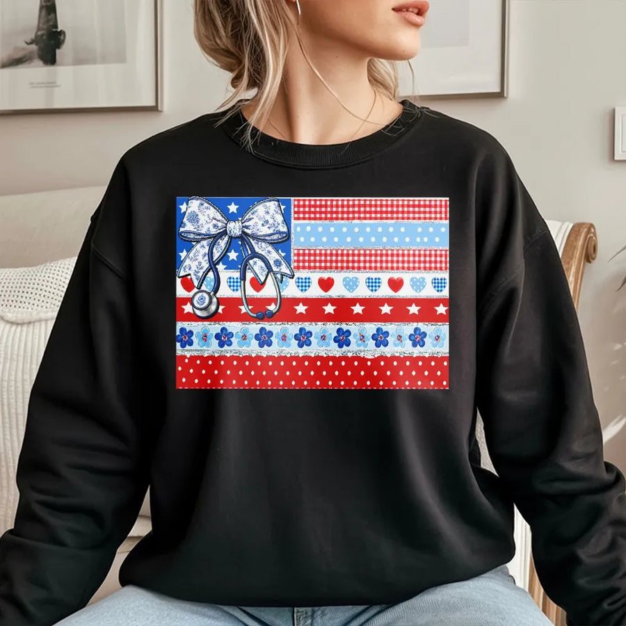 Patriotic Nurse Sweatshirt | American Flag Coquette Bow Graphic | Soft Cotton Blend Sweatshirt | 4th of July Gift for RN LPN