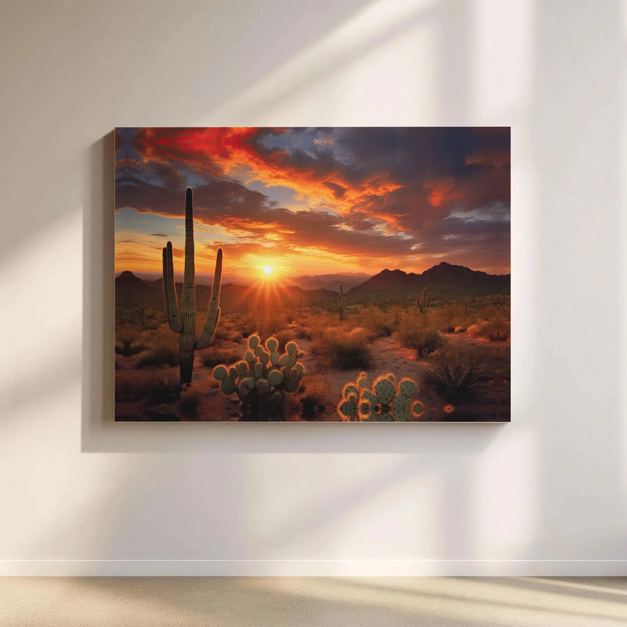 Arizona Desert Sunset Canvas Art | Saguaro and Prickly Pear Cactus Print | Premium Gallery Wrap Decor | Southwest Wall Art for Home Office