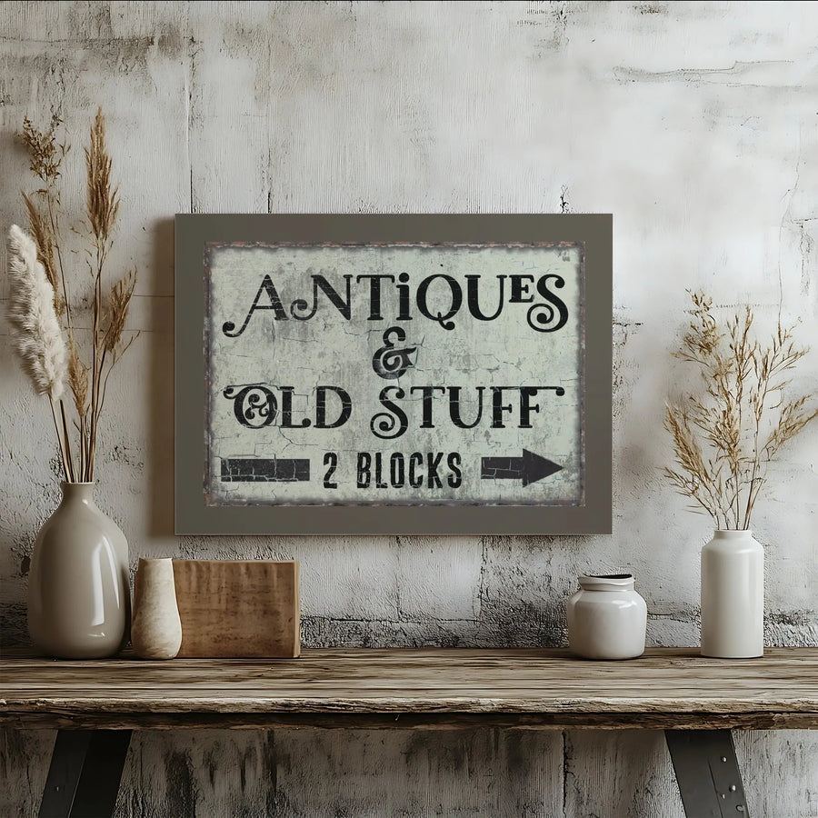 Antiques & Old Stuff Wall Art | Vintage Farmhouse Directional Sign | Gallery Wrapped Premium Canvas | Rustic Home Decor Gift
