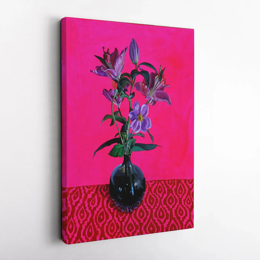 Pink Lily Canvas Wall Art | Vibrant Floral Still Life with Ikat Pattern | Premium Gallery Wrapped Canvas | Modern Eclectic Home Decor Gift