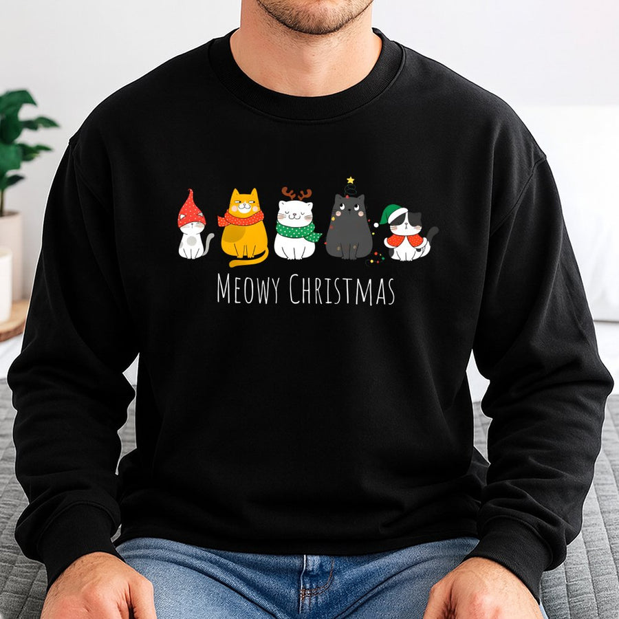 Meowy Christmas Sweatshirt | Cute Cat Holiday Graphic | Premium Cotton Blend Crewneck | Funny Gift for Cat Lovers