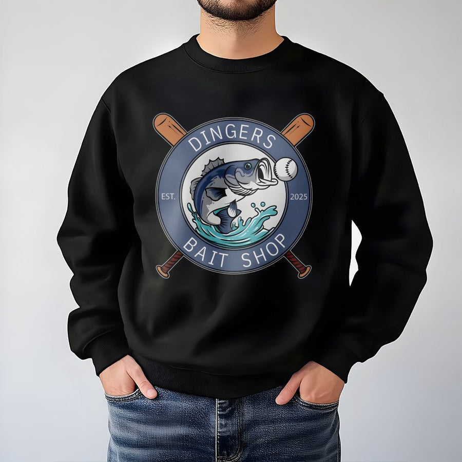 Dinger Bait Shop Sweatshirt | Funny Fishing Baseball Graphic | Premium Cotton Blend Unisex Crewneck | Unique Gift for Fisherman and Baseball Fan
