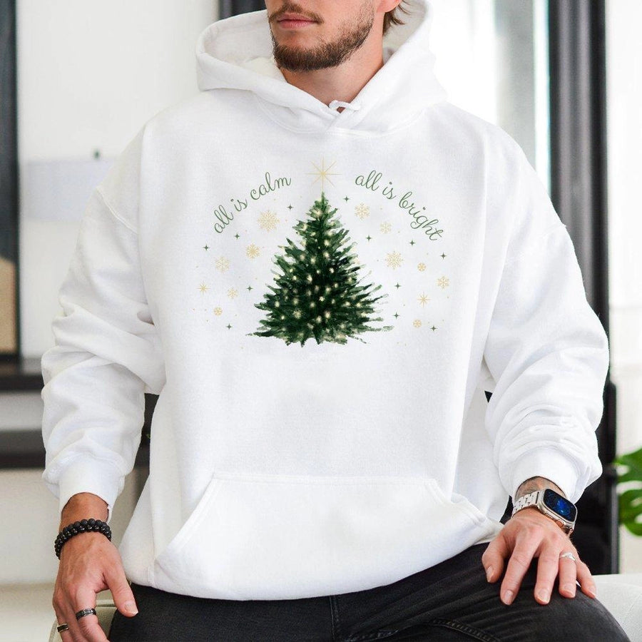 All Is Calm All Is Bright Hoodie | Minimalist Christmas Tree Graphic | Cotton-Polyester Blend | Festive Holiday Gift for Women and Men