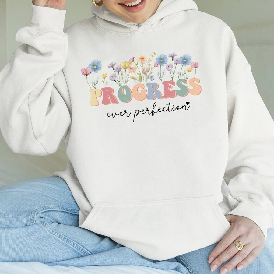 Progress Over Perfection Hoodie | Retro Floral Inspirational Quote | Cotton Blend Aesthetic Pullover | Gift for Teacher Therapist
