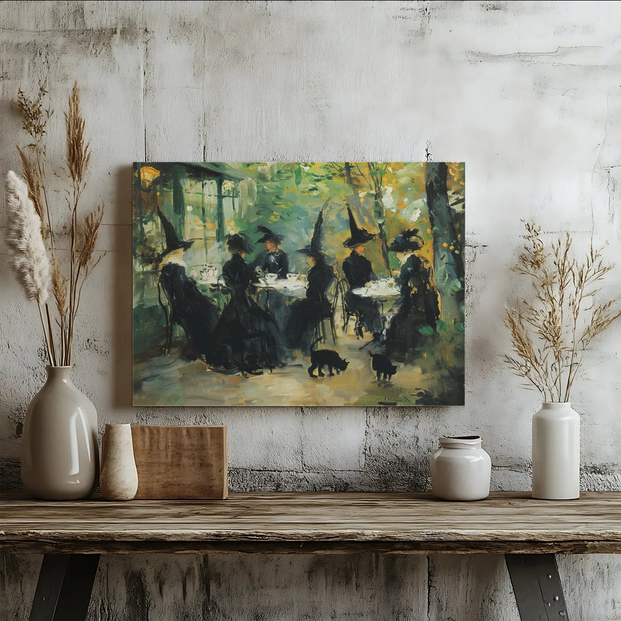 Witches Having Tea Party Canvas Wall Art | Impressionist Black Cat Decor | Gallery Quality 1.25" Profile | Whimsical Gothic Home Gift