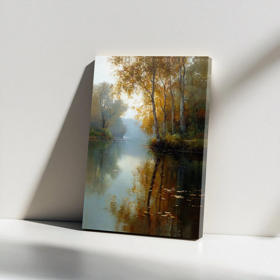 Autumn River Canvas Print | Impressionist Forest Reflection Art | Premium Gallery Wrapped Canvas | Rustic Home Decor Gift