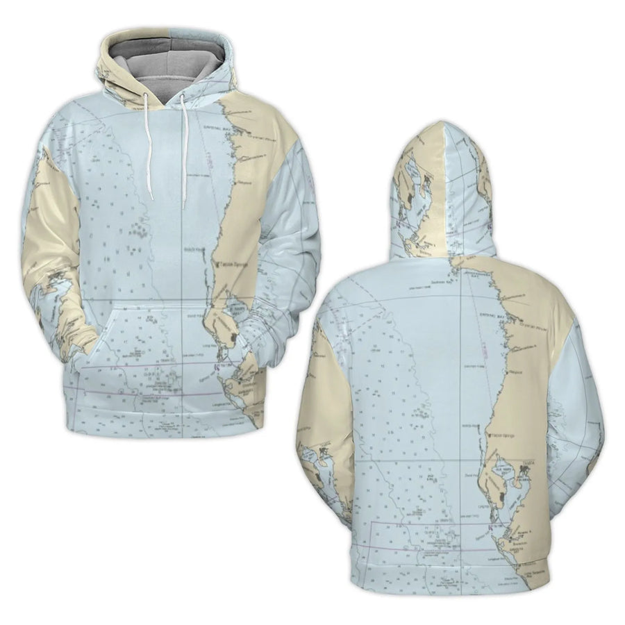 Tampa Bay Nautical Chart Hoodie | Florida Map All Over Print | Premium Brushed Fleece Polyester | Unisex Coastal Sailing Gift for Boaters