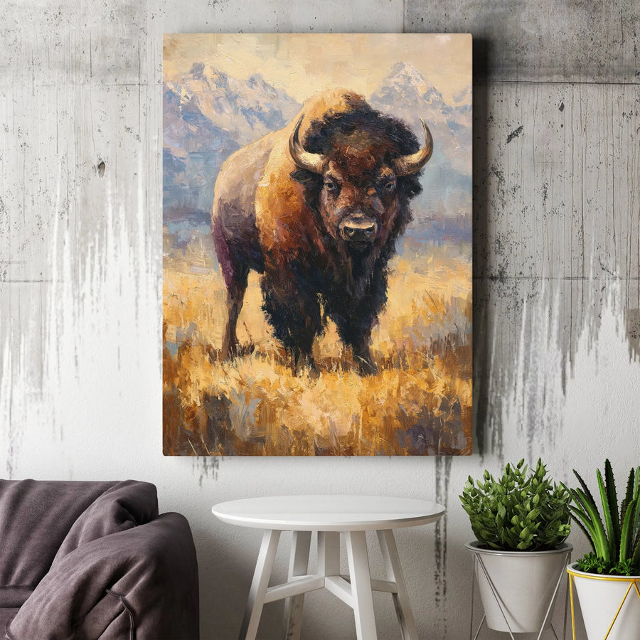 American Bison Vertical Canvas | Painterly Buffalo & Mountain Landscape | Thick Gallery Wrapped Canvas | Rustic Western Home Decor Gift