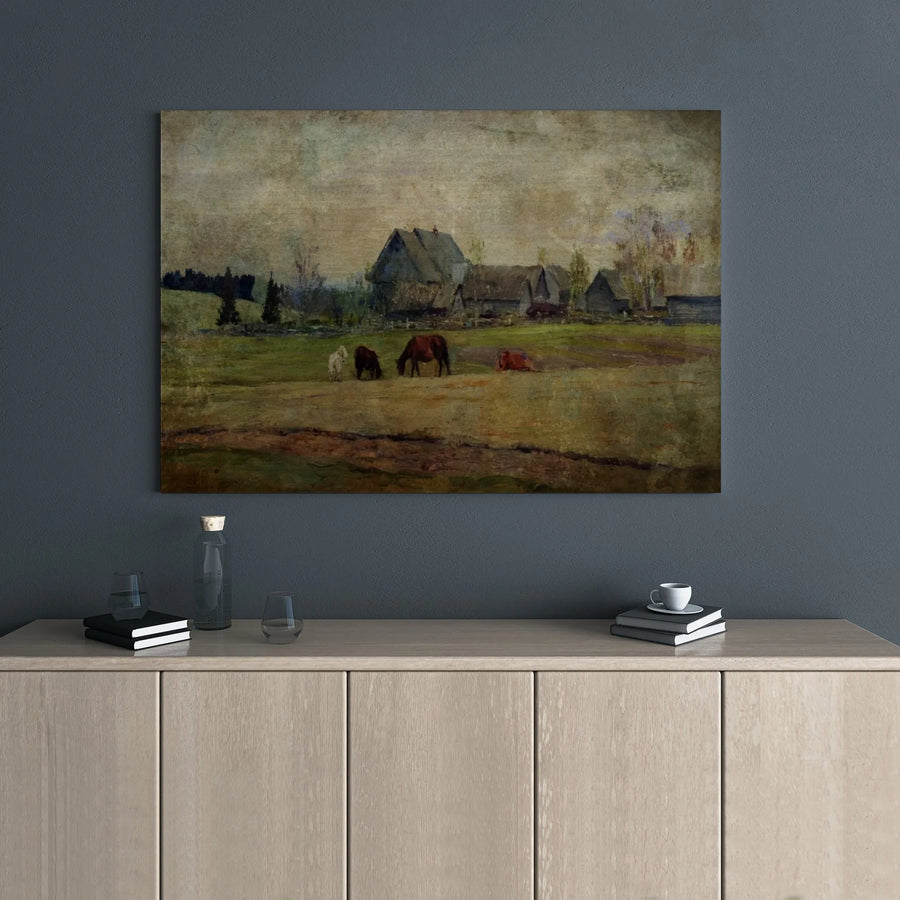 Vintage Farmhouse Canvas Wall Art | Grazing Horse Country Landscape Painting | 1.25 Inch Gallery Wrap Premium Canvas | Rustic Home Decor Gift