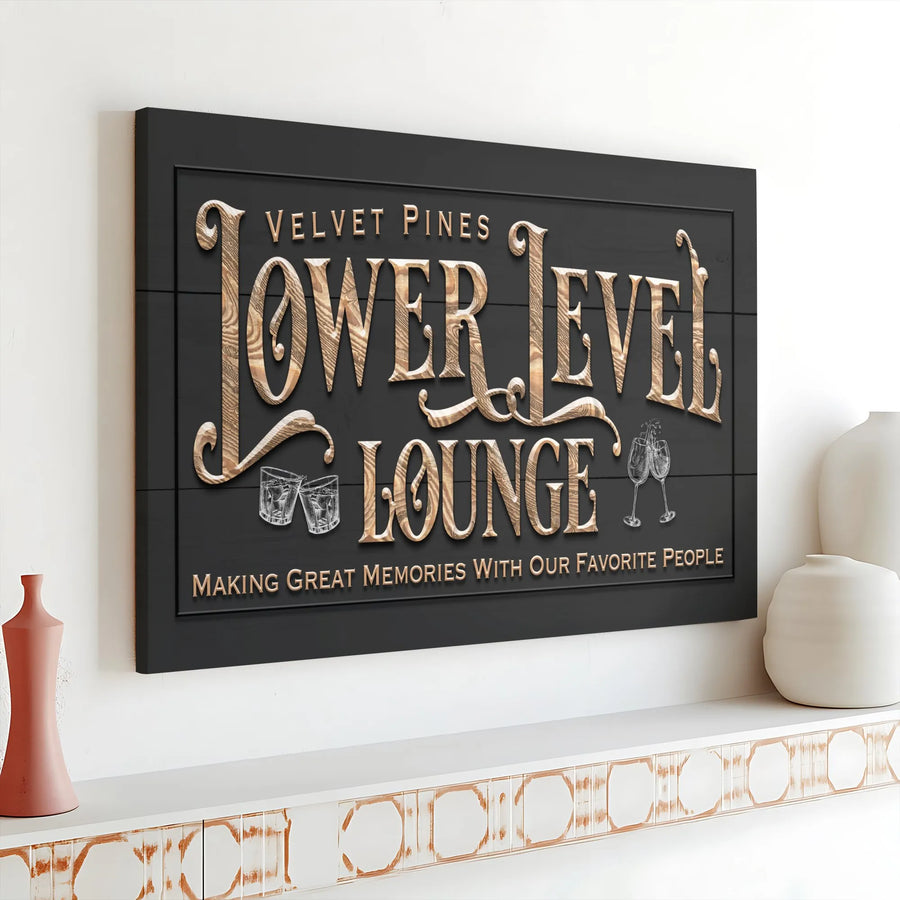 Lower Level Lounge Canvas Sign | 3D Faux Wood Grain Text Wall Art | Premium Canvas Print | Man Cave & Basement Bar Decor Gift