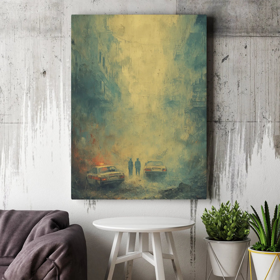 Foggy City Police Street Art | Moody Urban Noir Canvas Print | Premium Gallery-Wrapped Decor | Gift for Crime Drama Fans and Collectors