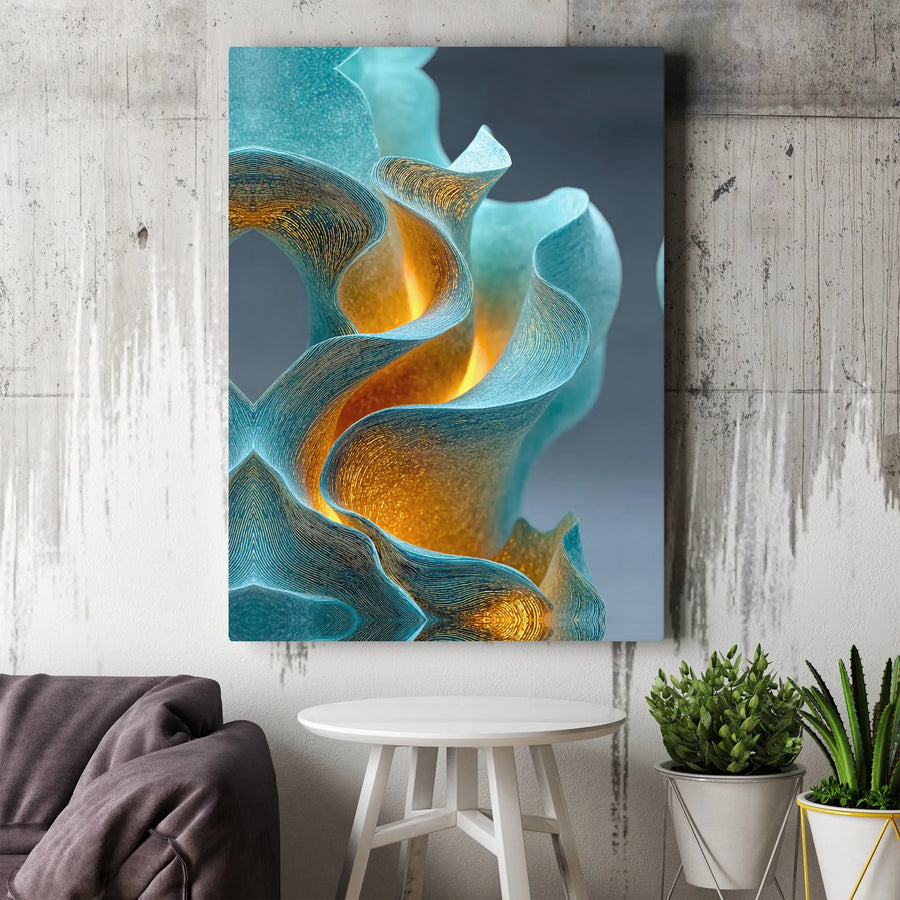 Abstract Teal And Gold Wall Art | Luminous Wavy Texture Print | Premium 1.25 Inch Gallery Canvas | Modern Home Office Decor Gift