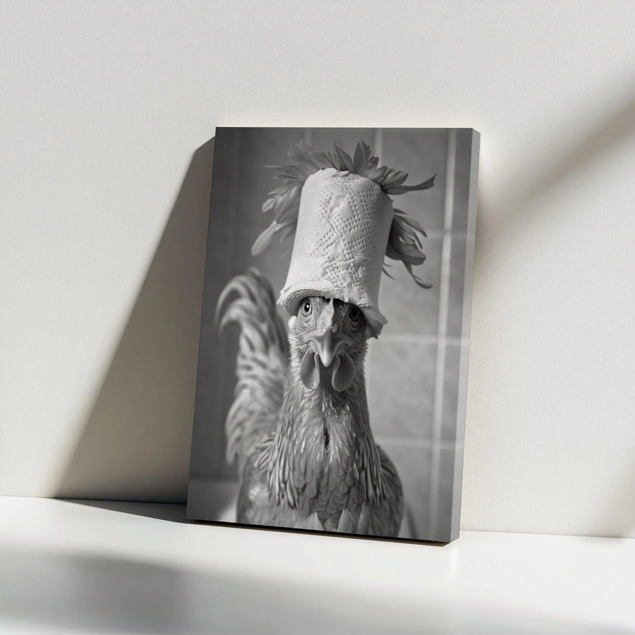 Funny Chicken Canvas Art | Whimsical Toilet Paper Hat Portrait | Premium Gallery Wrapped Decor | Unique Farmhouse Wall Art Gift