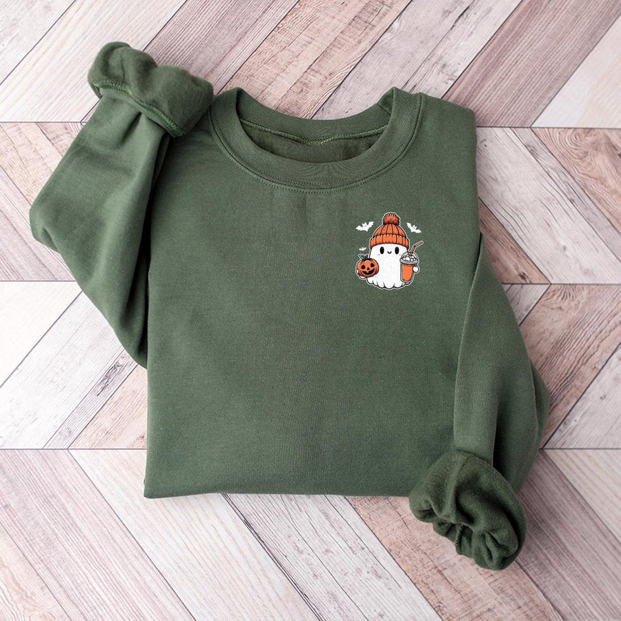 Cute Ghost Coffee Sweatshirt | Spooky Fall Pumpkin Graphic | Premium Cotton Blend | Halloween Gift for Women and Men