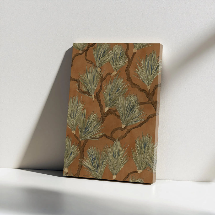 Vintage Pine Needle Vertical Canvas Wall Art | Retro Ochre and Sage Japanese Botanical Design | Premium 1.25 Inch Gallery Wrap | Nature Lover Gift for Living Room Home Decor