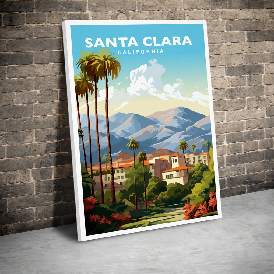 Santa Clara California Travel Poster | Vintage Mid Century Palm Tree Landscape | Gallery Quality Canvas Wall Art | Premium Home & Office Decor