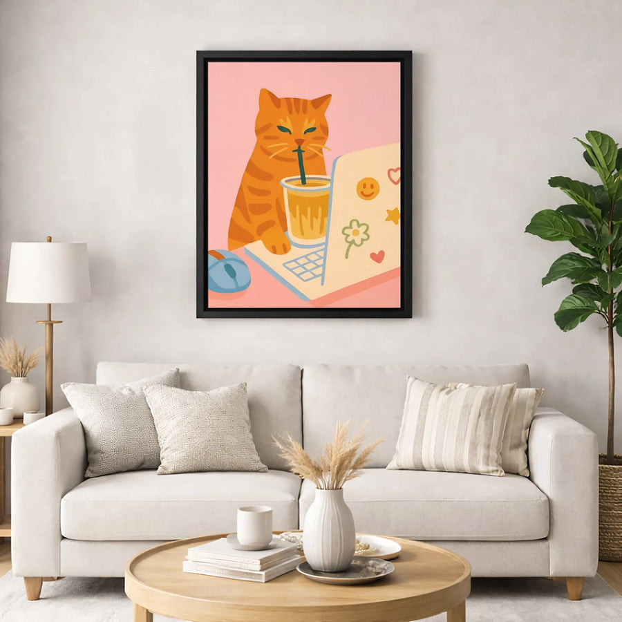 Ginger Cat Wall Art | Cute Laptop Working Illustration | Premium Gallery Wrapped Canvas | Office Decor Gift for Cat Lovers