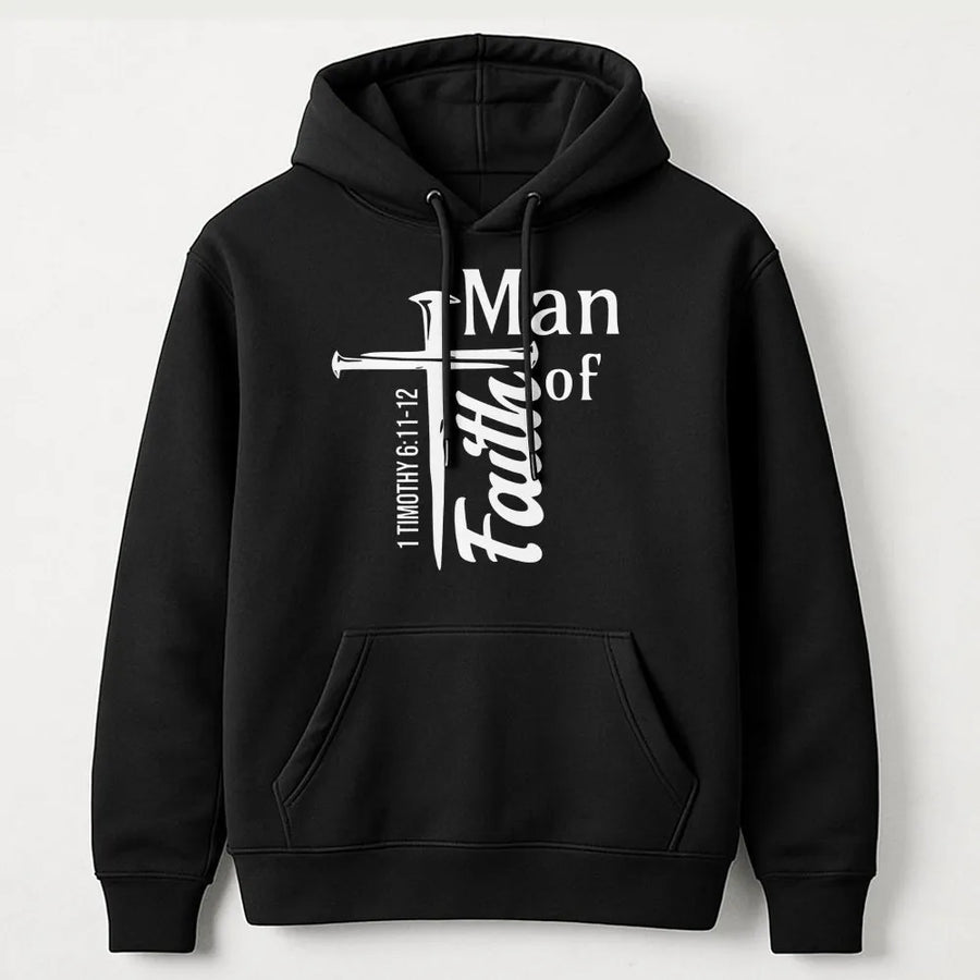 Man of Faith Hoodie | 1 Timothy 6:11-12 Scripture Cross Design | Premium Cotton-Blend Pullover | Religious Gift for Men and Faith-Based Apparel