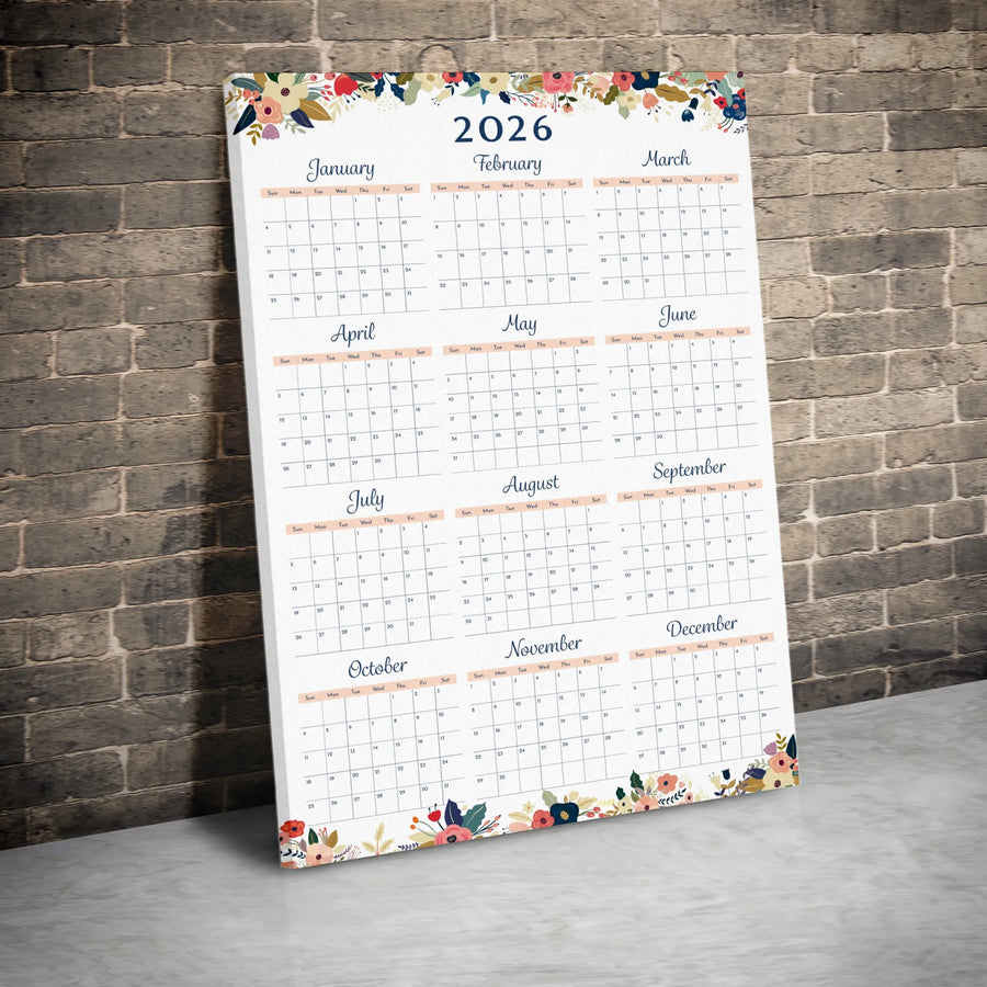 2026 Year At A Glance Calendar Canvas | Floral Botanical Art Print | Premium 1.25 Inch Gallery Wrap | Wall Decor Gift for Office and Home