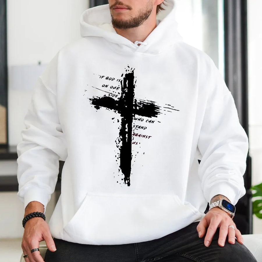 If God Is On Our Side Cross Hoodie | Distressed Christian Graphic Print | Premium Soft Cotton Blend | Religious Faith Gift For Men And Women