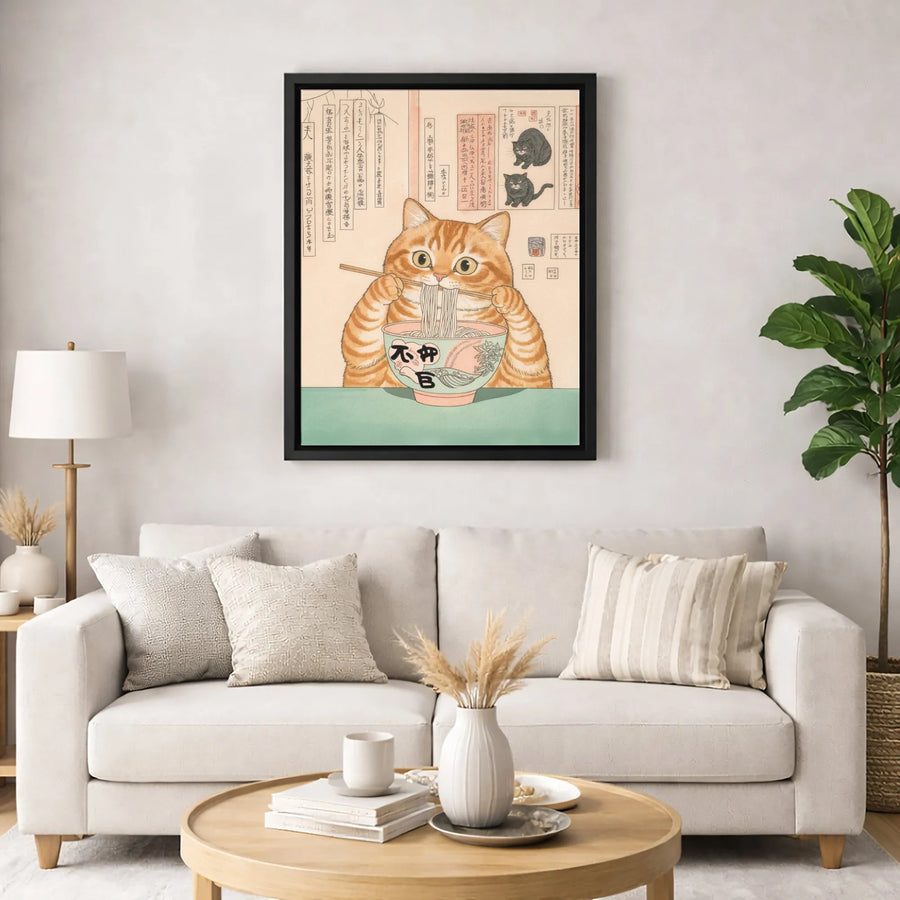 Japanese Ramen Cat Canvas Print | Vintage Ukiyo-e Orange Tabby Wall Art | 1.25 Inch Premium Gallery Wrap | Whimsical Kitchen Decor Gift