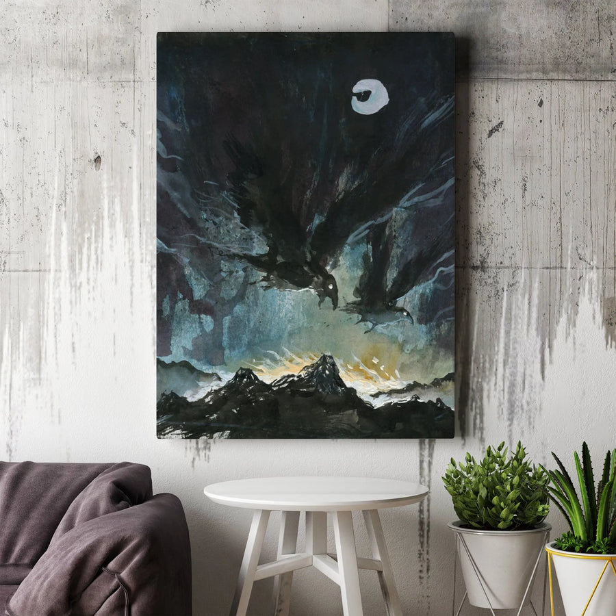 Gothic Raven Vertical Canvas | Dark Fantasy Moonlit Mountain Art | Premium Gallery Wrap Canvas | Norse Mythology Home Decor Gift