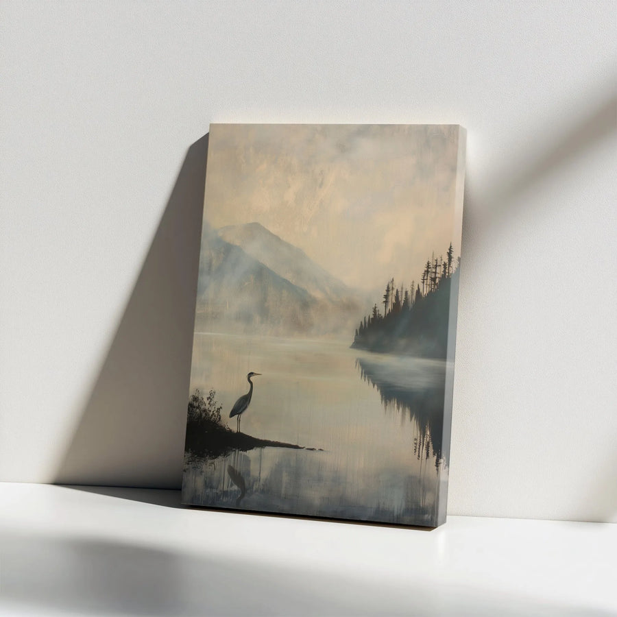 Misty Lake Landscape Canvas Print | Heron Wildlife Wall Art | Gallery Wrapped Premium Decor | Nature Inspired Gift for Home Office