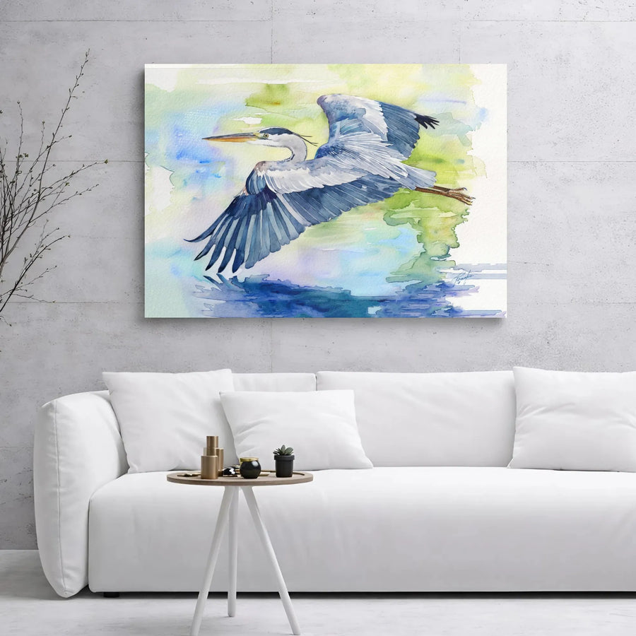 Great Blue Heron Canvas Art | Watercolor Bird In Flight | Premium Gallery Wrap Print | Coastal Home Decor Wall Hanging